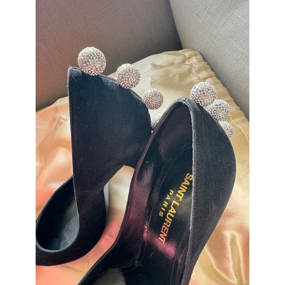 Saint Laurent Crystal Embellishments Suede Heels Pumps Black Size 36 - Picture 7 of 10